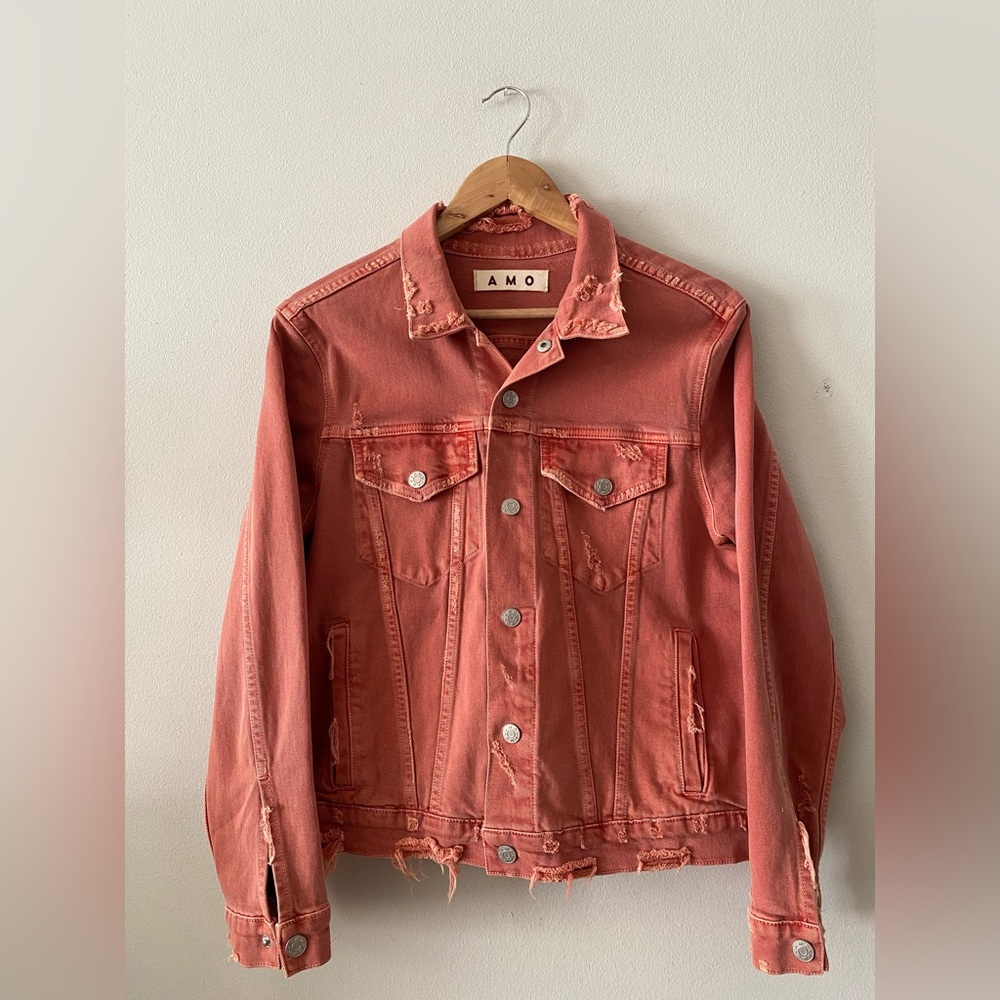 NWOT Womens Amo Pop Canyon Rose Snap Button Distressed Denim Jacket size L - Picture 2 of 16